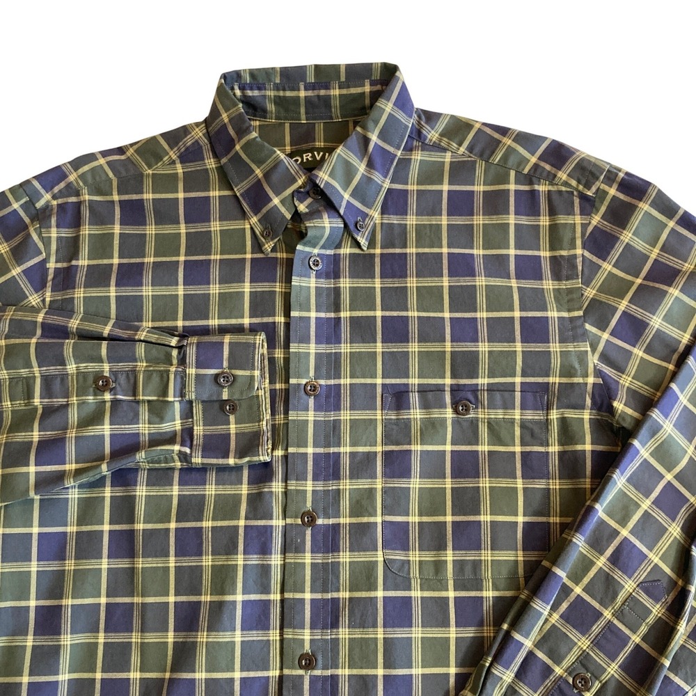 Orvis Signature Twill Mens Large Tall Green Navy Blue Plaid Button Down Shirt